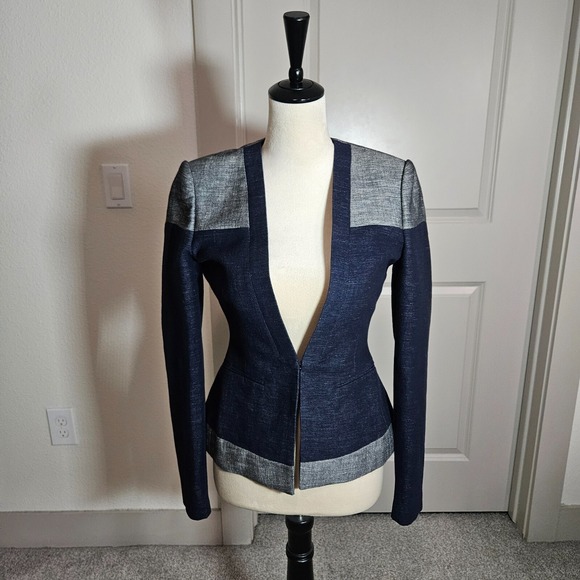 BCBGMaxAzria Jackets & Blazers - $268 NWT BCBGMaxazria Suit Blazer Jacket Women XXS Cotton Linen Navy Gray NEW